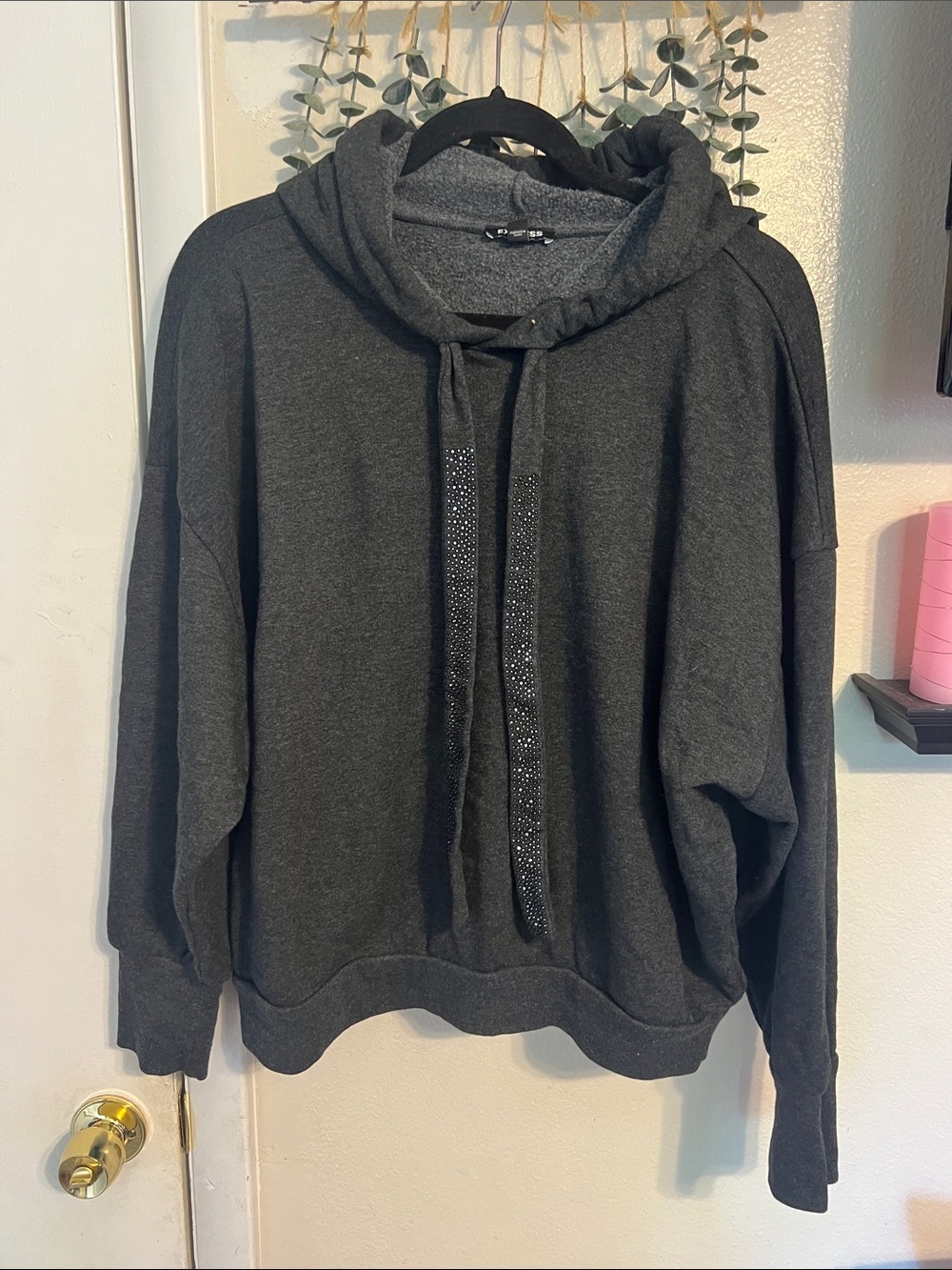 Express Cozy Charcoal Hooded Sweater with Embellished Drawstrings size XL